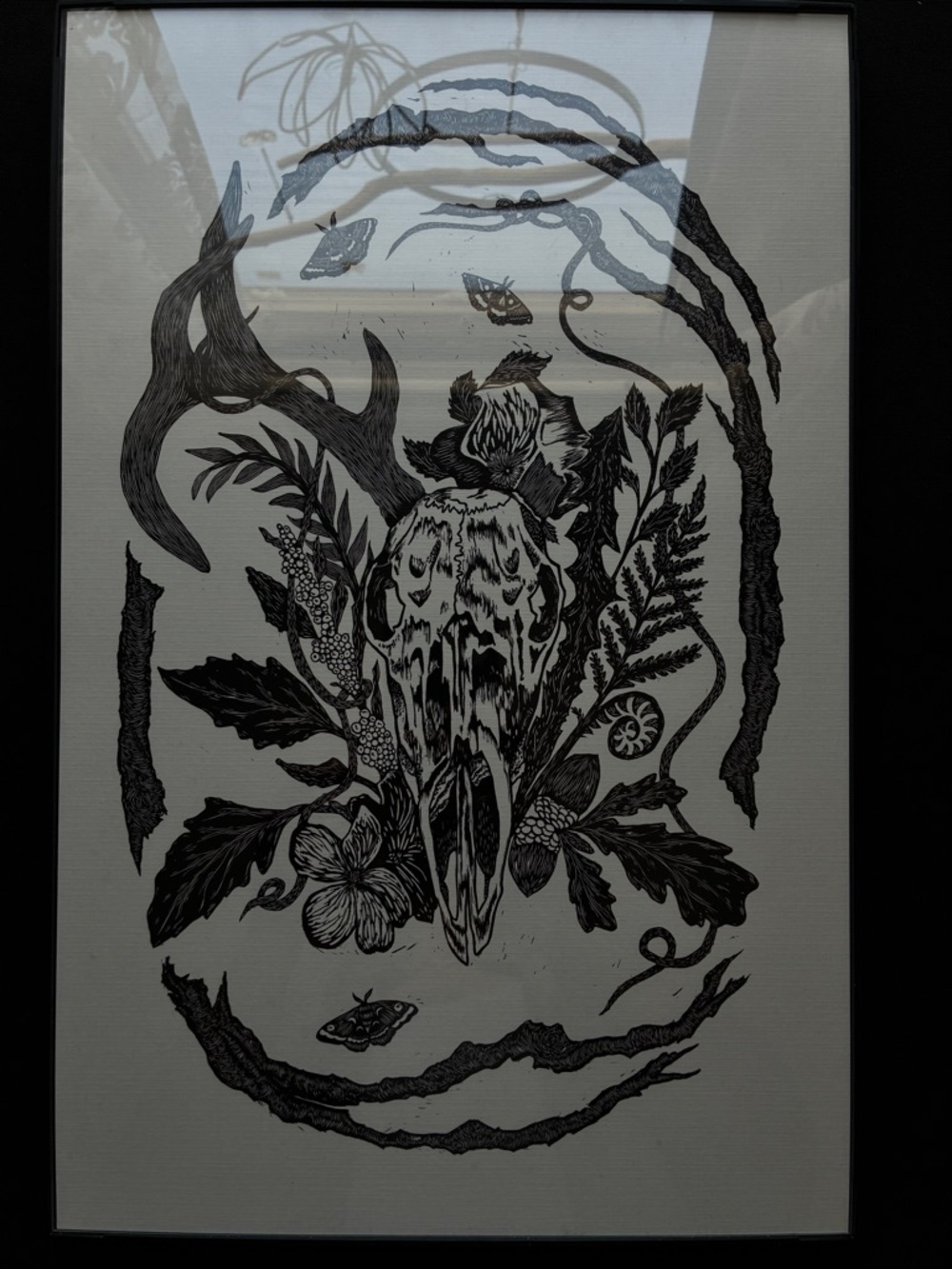 Black and White Botanical Skull Art Print